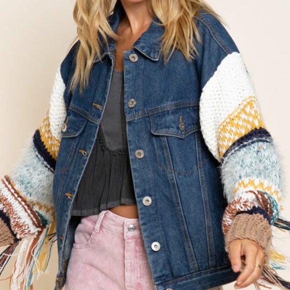 Knit Sleeve Denim Jacket - Picture 5 of 5